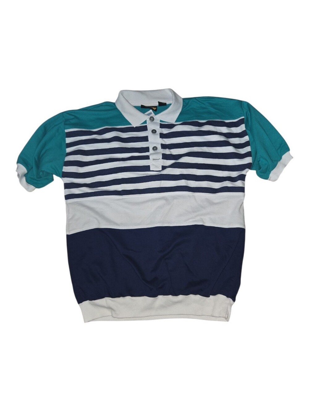Vintage Men's Teal and Navy Striped Sasson Polo Shirt Size L